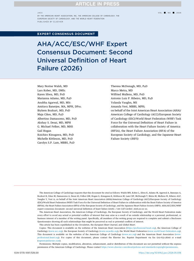 2026 AHA/ACC/ESC/WHF专家共识文件:心力衰竭的第二版通用性定义