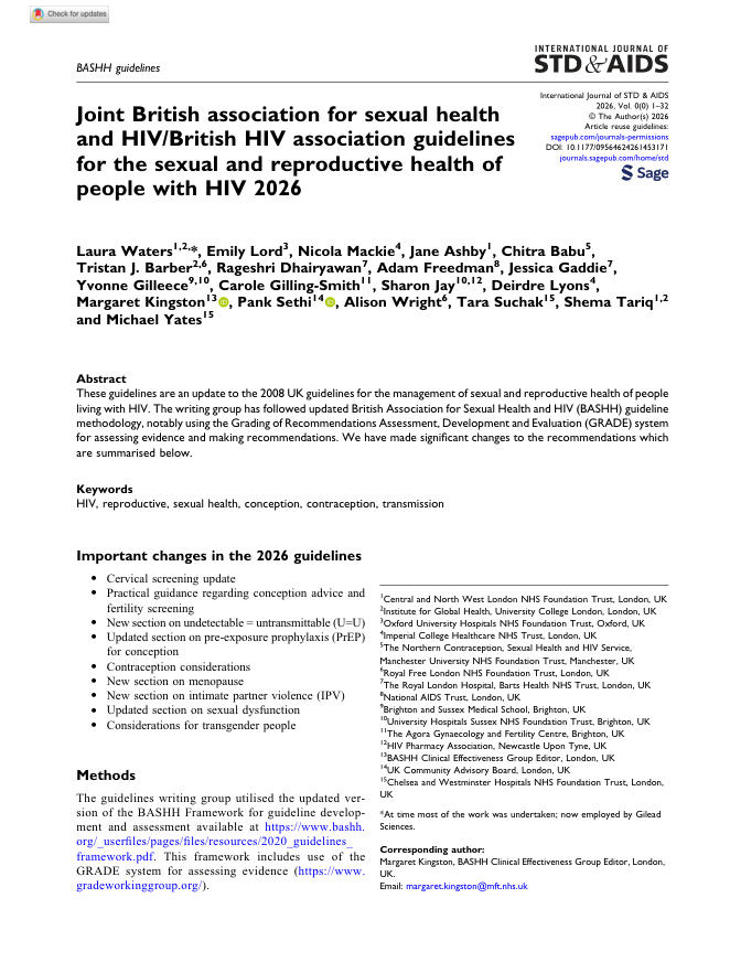 2026 BASHH/BHIVA指南:艾滋病毒感染者的性健康和生殖健康