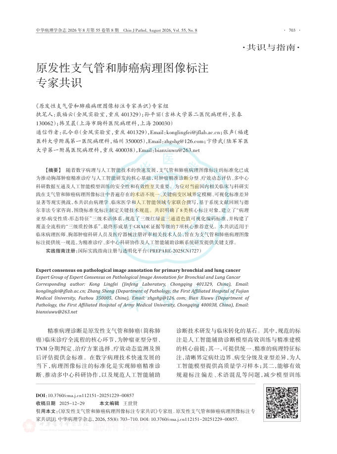 原发性支气管和肺癌病理图像标注专家共识