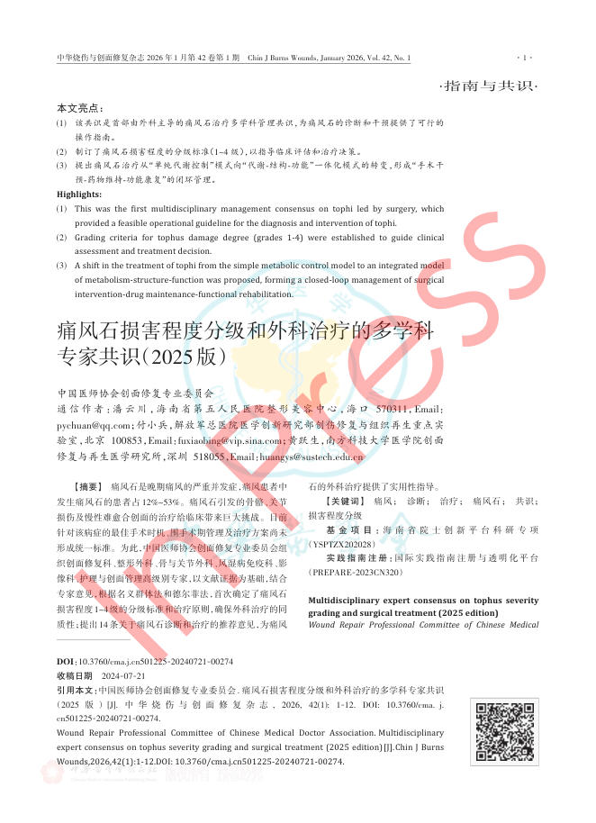 痛风石损害程度分级和外科治疗的多学科专家共识(2025版)