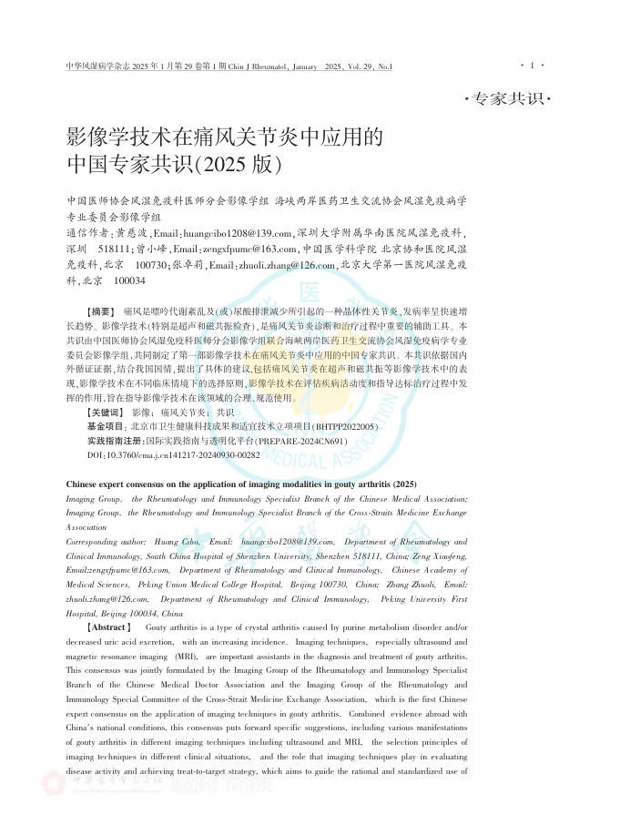 影像学技术在痛风 关节炎中应用的中国专家共识(2025版)