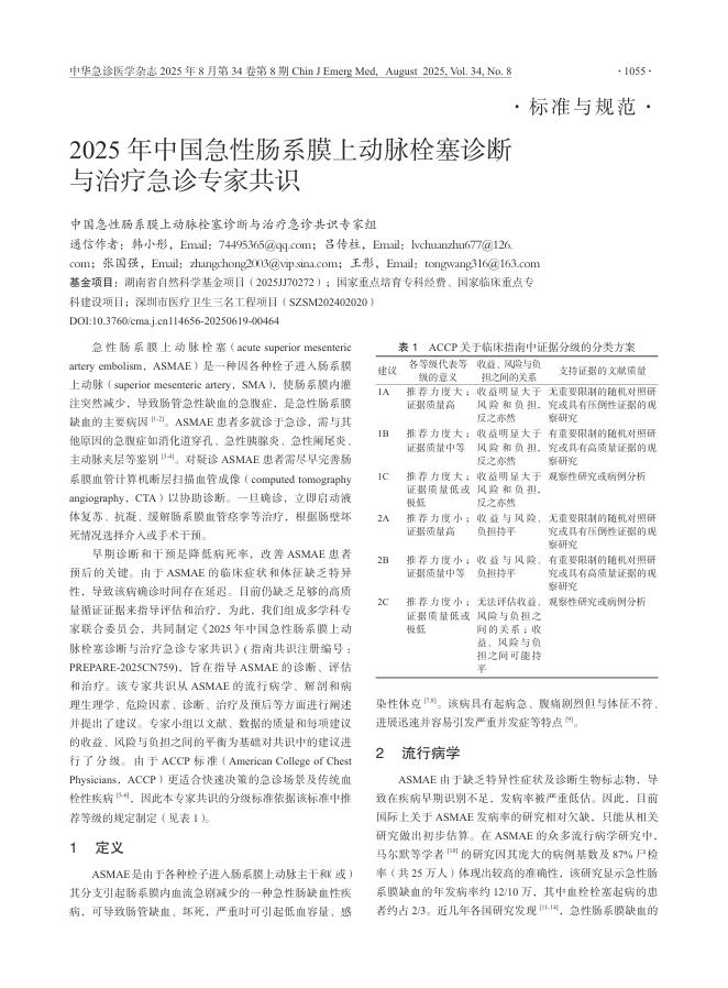 2025年中国急性肠系膜上动脉栓塞诊断与治疗急诊专家共识