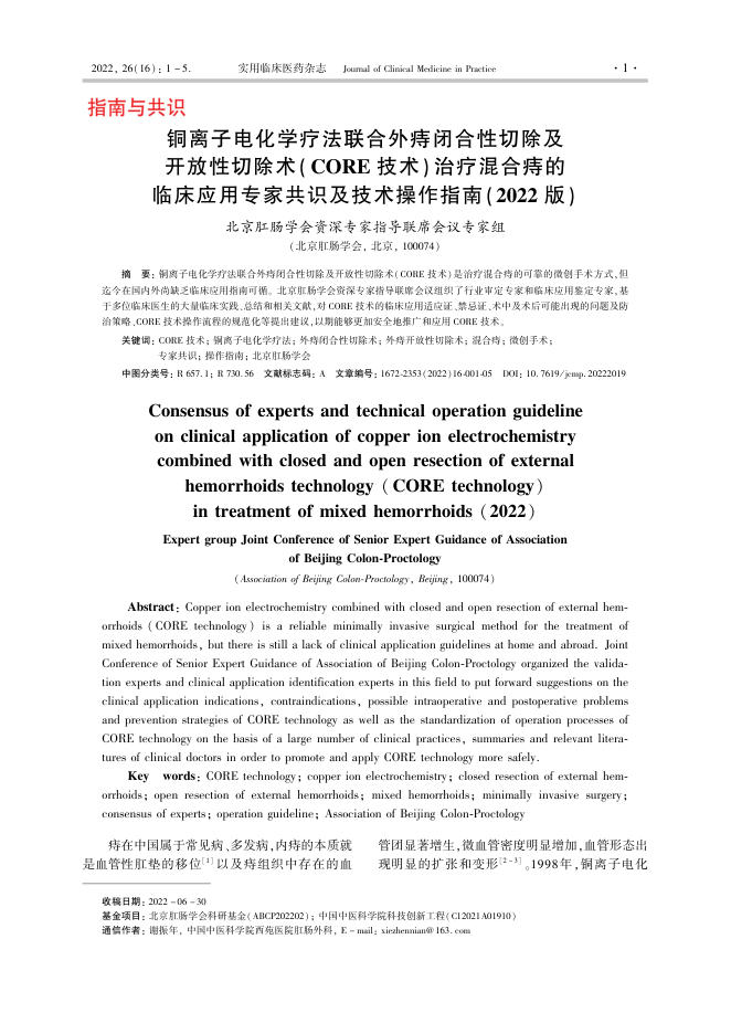 铜离子电化学疗法联合外痔闭合性切除及开放性切除术(CORE技术)治疗混合痔的临床应用专家共识及技术操作指南(2022版)
