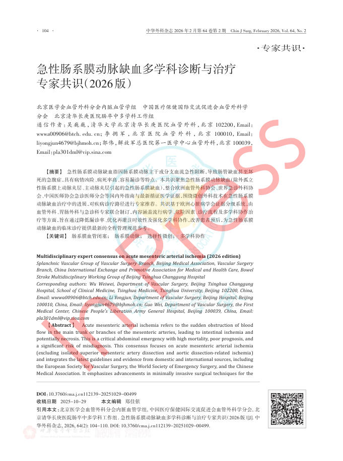 急性肠系膜动脉缺血多学科诊断与治疗专家共识(2026版)