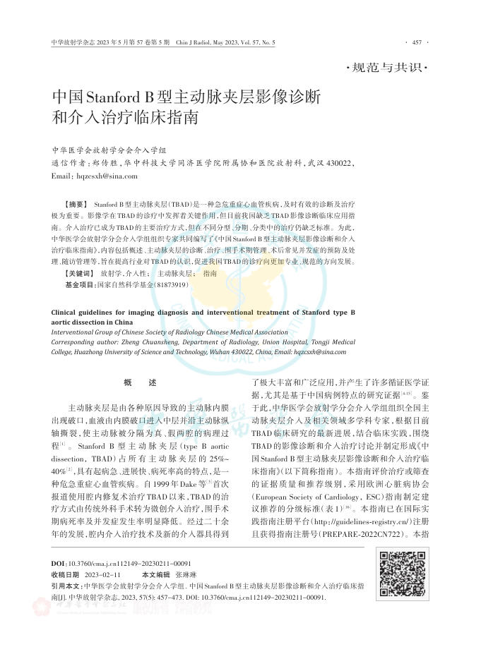 中国Stanford B型主动脉夹层影像诊断和介入治疗临床指南