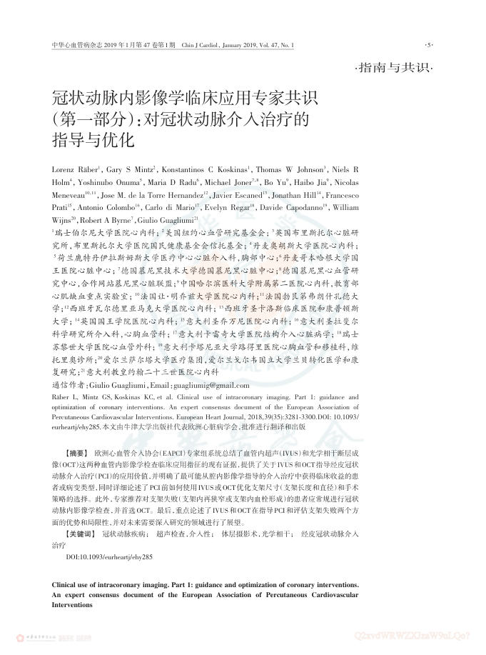 2019年冠状动脉内影像学临床应用专家共识(第一部分):对冠状动脉介入治疗的指导与优化