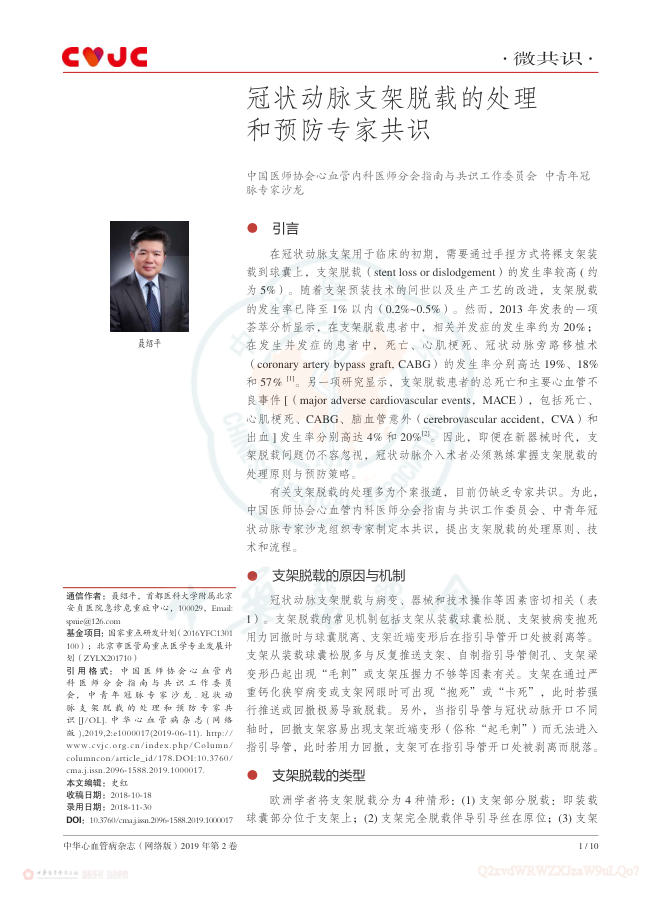 2019年冠状动脉支架脱载的处理和预防专家共识