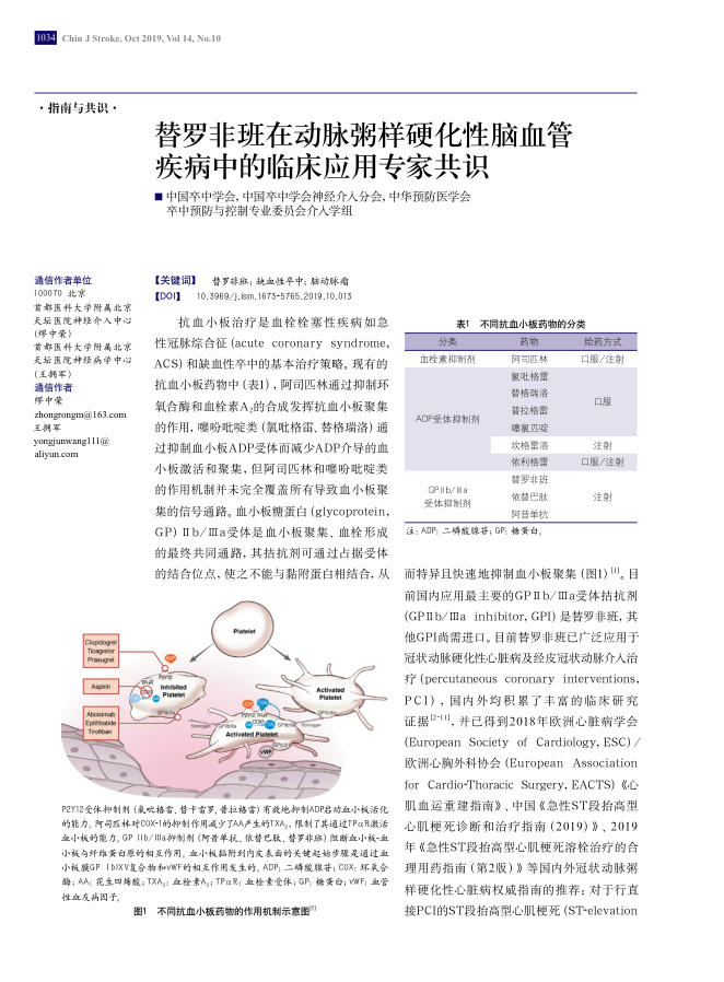 2019年替罗非班在动脉粥样硬化性脑血管疾病中的临床应用专家共识