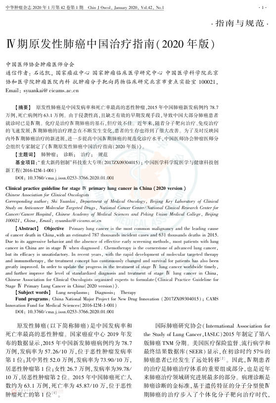 2020年Ⅳ期原发性肺癌中国治疗指南