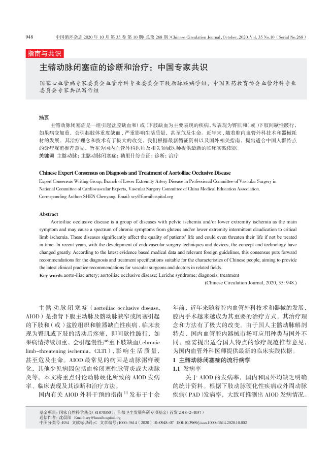 2020年主髂动脉闭塞症的诊断和治疗 中国专家共识
