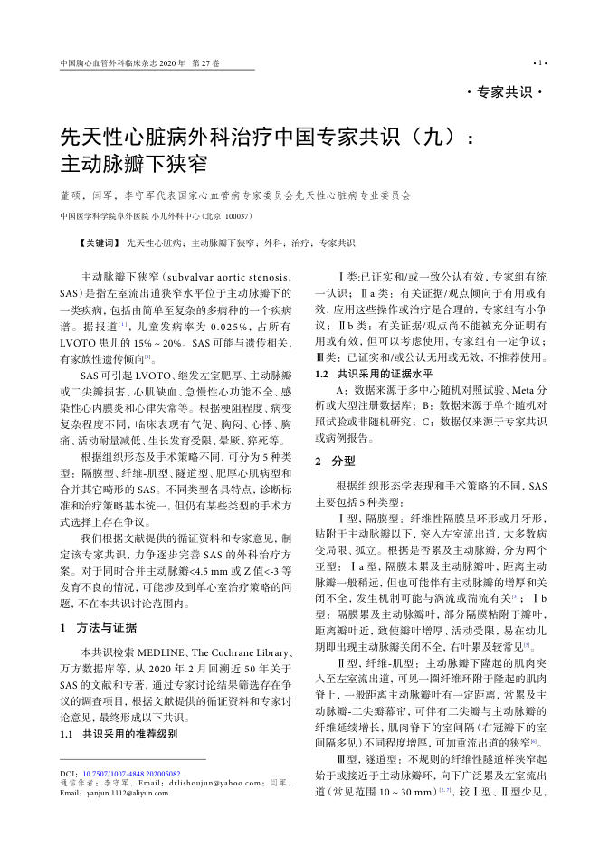 2020年先天性心脏病外科治疗中国专家共识(九)主动脉瓣下狭窄