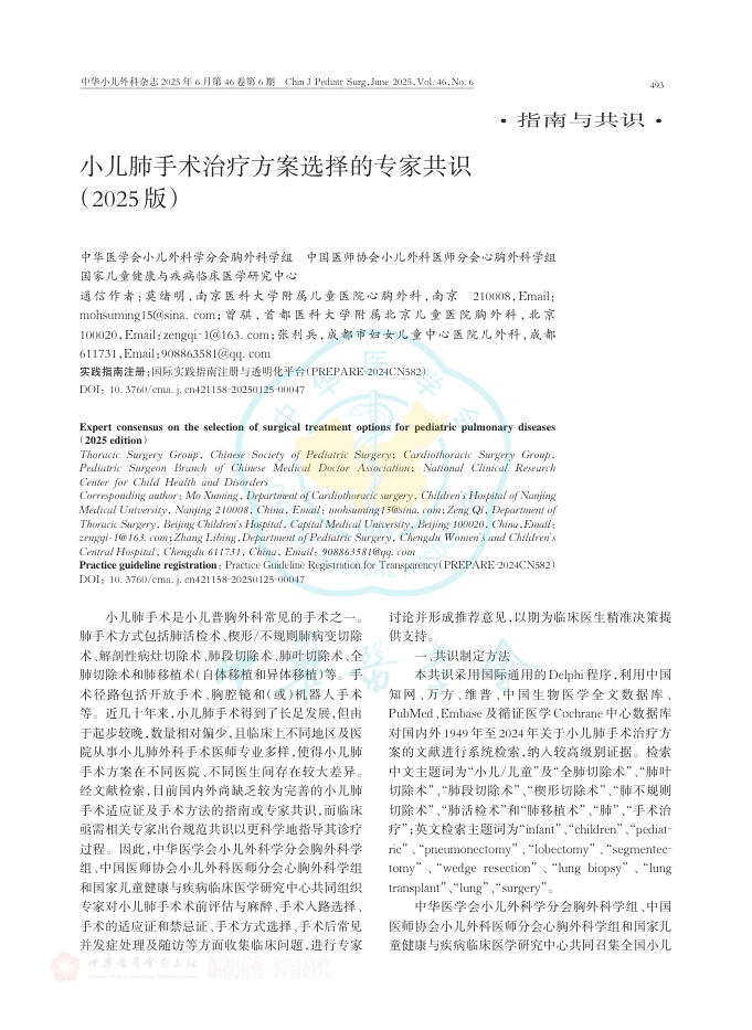 小儿肺手术治疗方案选择的专家共识(2025版)