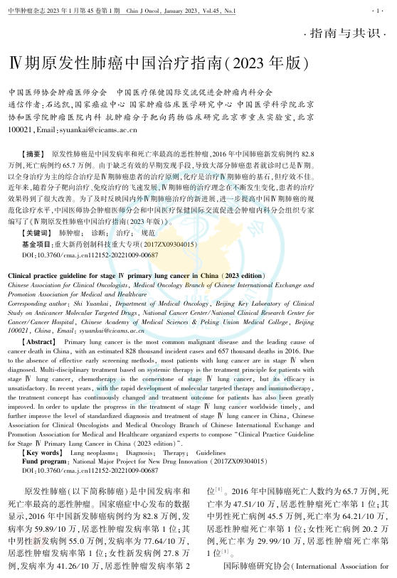 2023年Ⅳ期原发性肺癌中国治疗指南