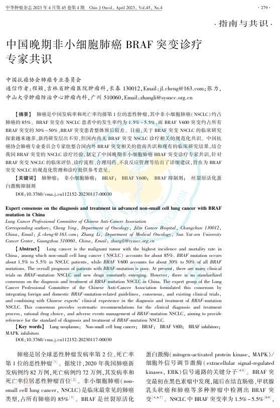 2023年中国晚期非小细胞肺癌BRAF突变诊疗专家共识