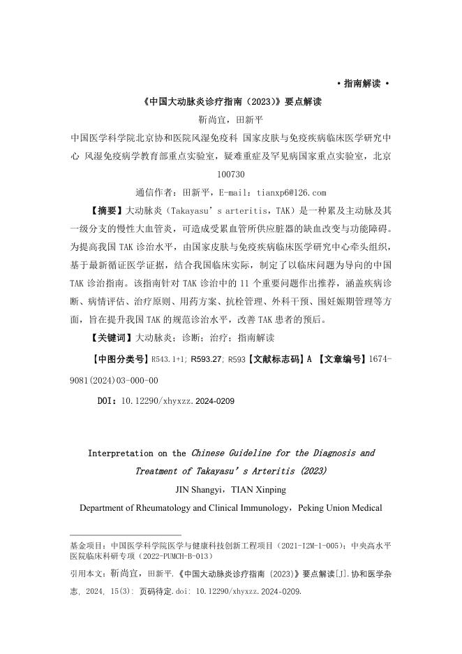 2024年中国大动脉炎诊疗指南2023要点解读