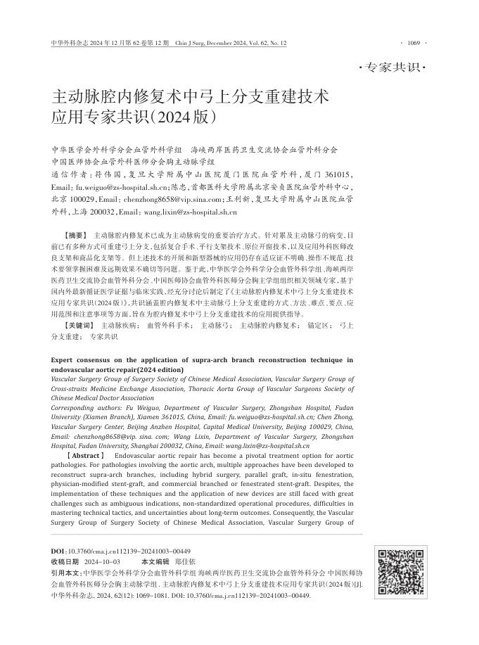 2024年主动脉腔内修复术中弓上分支重建技术应用专家共识