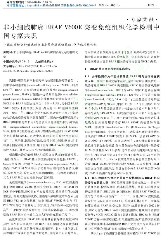 2024年非小细胞肺癌BRAV600E突变免疫组织化学检测中国专家共识