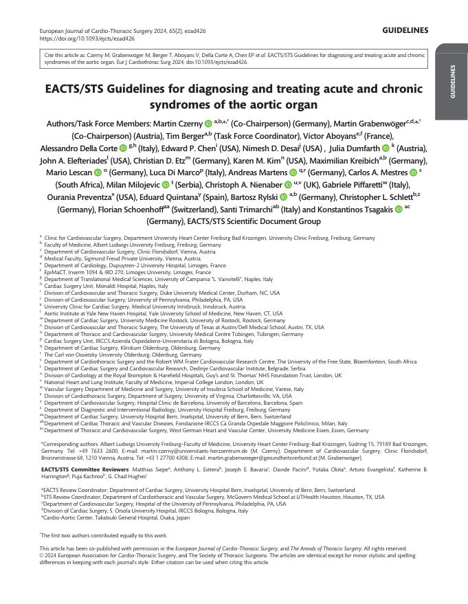 2024 EACTS/STS指南:主动脉 器官急性和慢性综合征的诊断与治疗