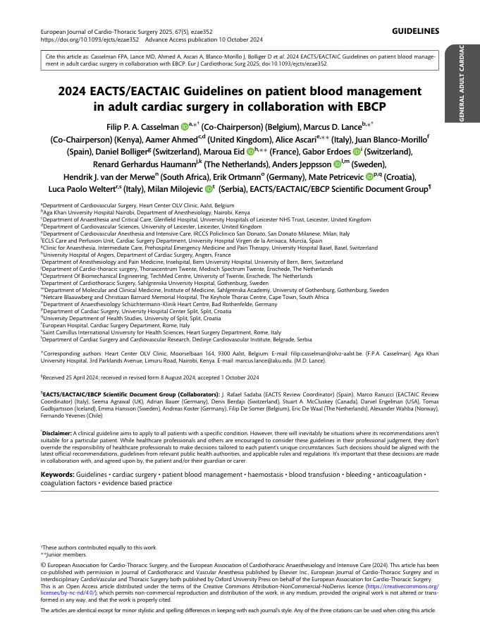 2024+EACTS/EACTAIC指南:成人心脏手术患者的血液管理