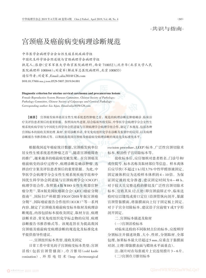 2019年宫颈癌及癌前病变病理诊断规范