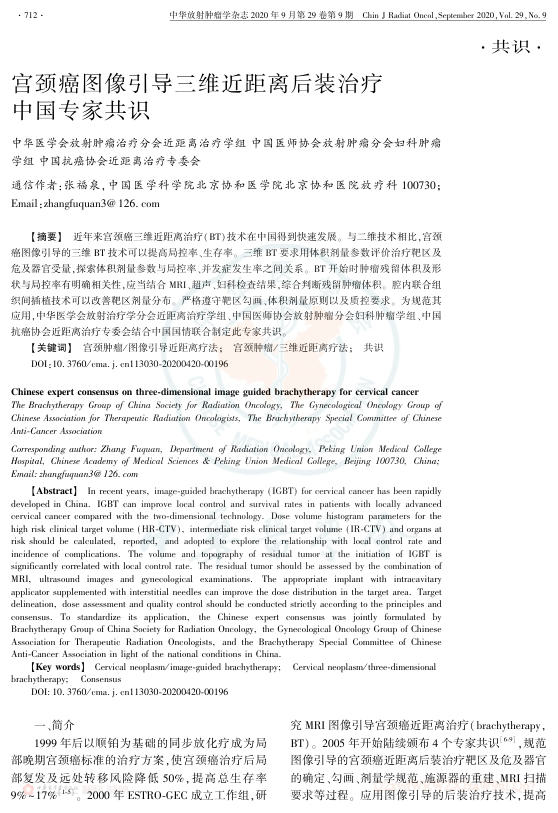 2020年宫颈癌图像引导三维近距离后装治疗中国专家共识