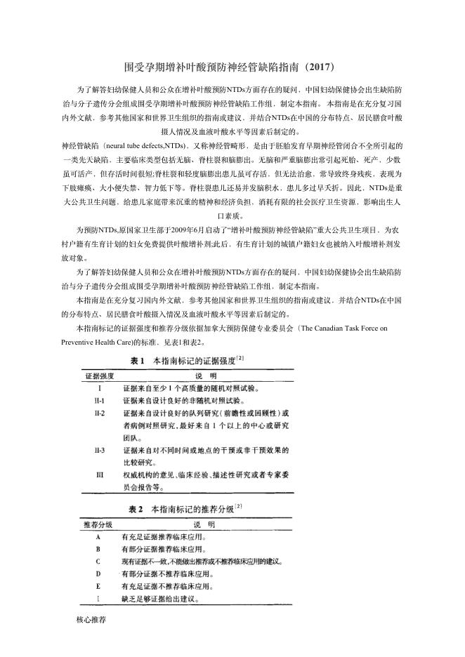 2017年围受孕期增补叶酸预防神经管缺陷指南