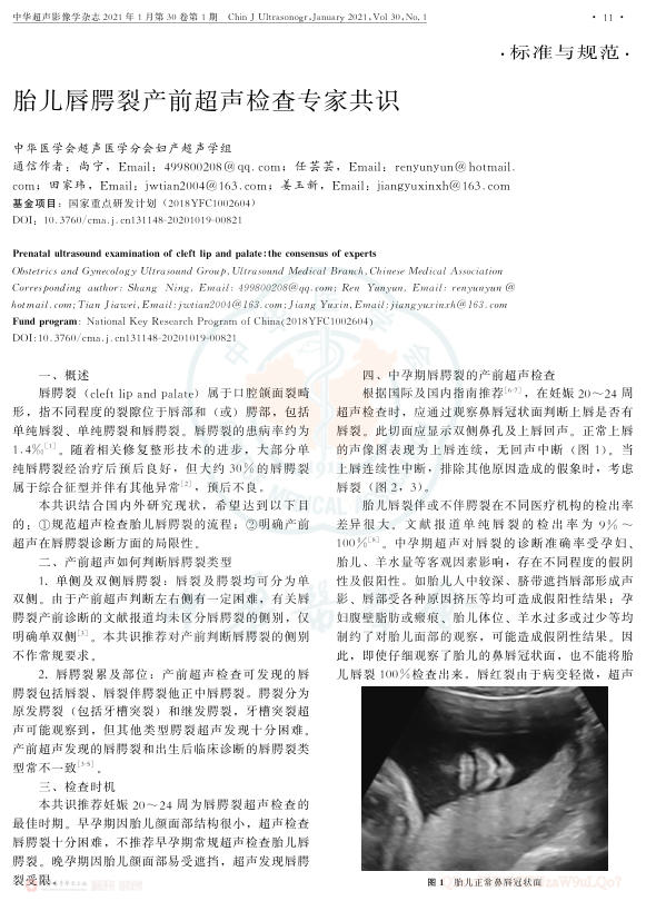 2021年胎儿唇腭裂产前超声检查专家共识