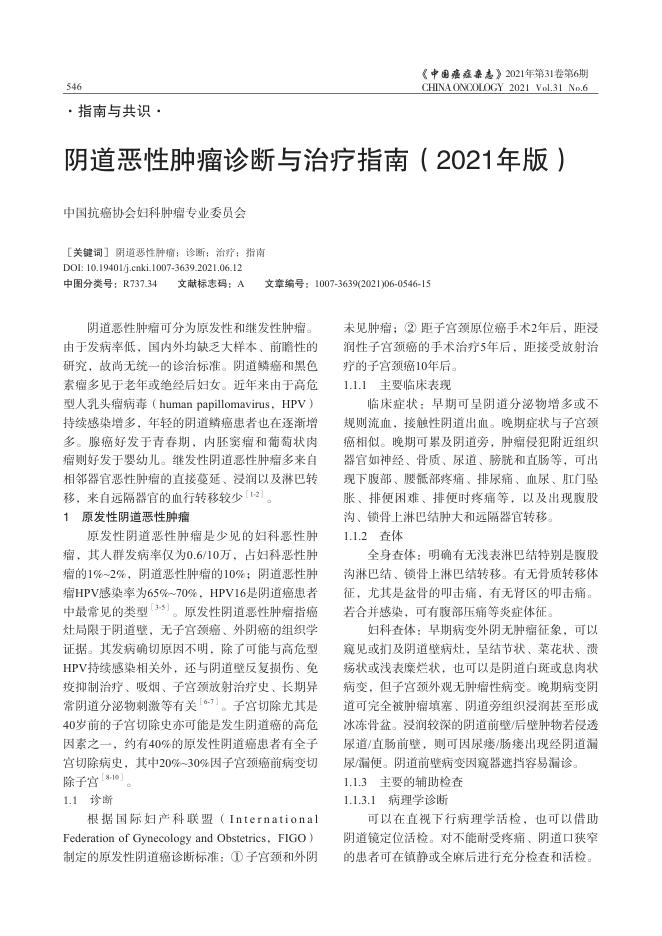 2021年阴道恶性肿瘤诊断与治疗指南