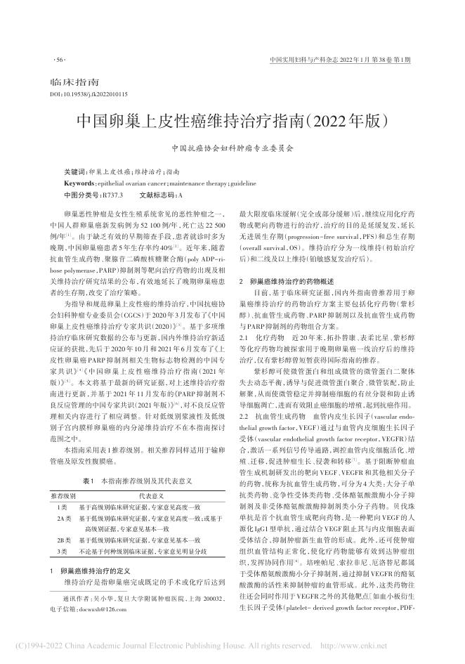 2022年中国卵巢上皮性癌维持治疗指南