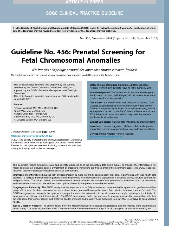 2024+SOGC临床实践指南:胎儿染色体异常产前筛查(No.456)
