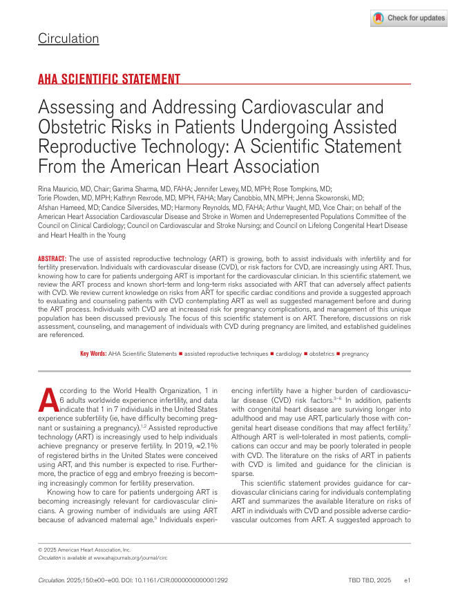 2025 AHA科学声明:接受辅助生殖技 术患者心血管和产科风险的评估和处理