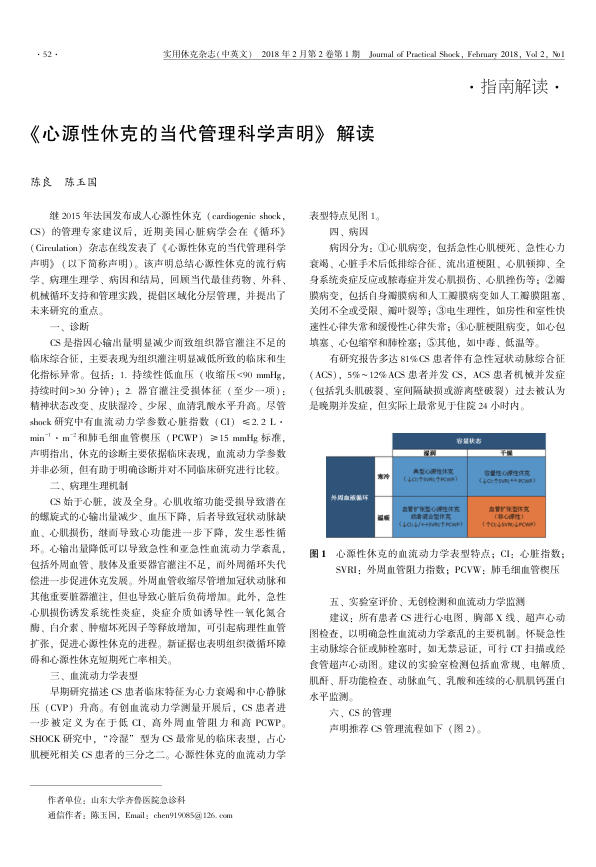 2018年《心源性休克的当代管理科学声明》 解读