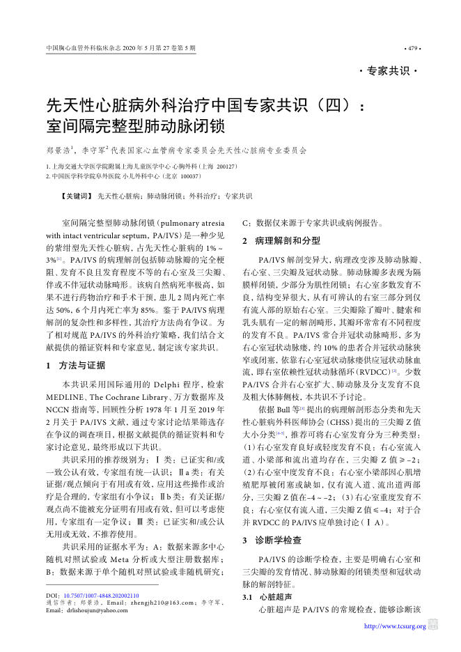 2020年先天性心脏病外科治疗中国专家共识(四)室间隔完整型肺动脉闭锁