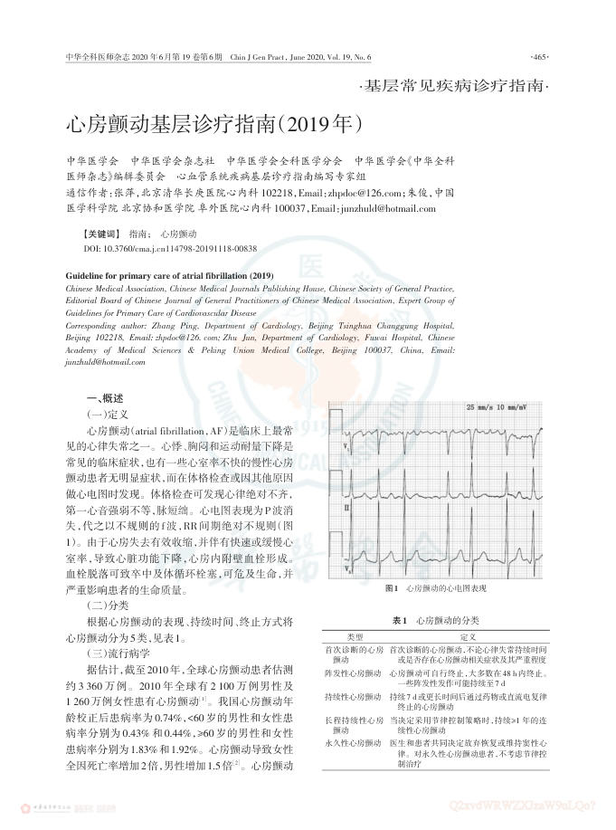 2020年心房颤动基层诊疗指南(2019年)