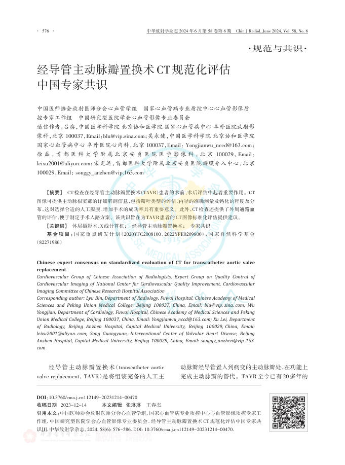 2024年经导管主动脉瓣置换术CT规范化评估中国专家共识