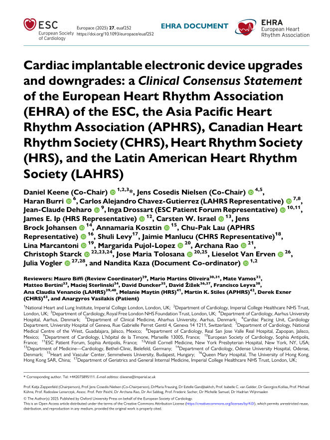 2025+EHRA/APHRS/CHRS/HRS/LAHRS临床共识声明:心脏植入式电子设备的升级与降级