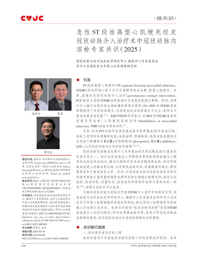 急性ST段抬高型心肌梗 死经皮冠状动脉介入治疗 术中冠状动脉内溶栓专家共识(2025)