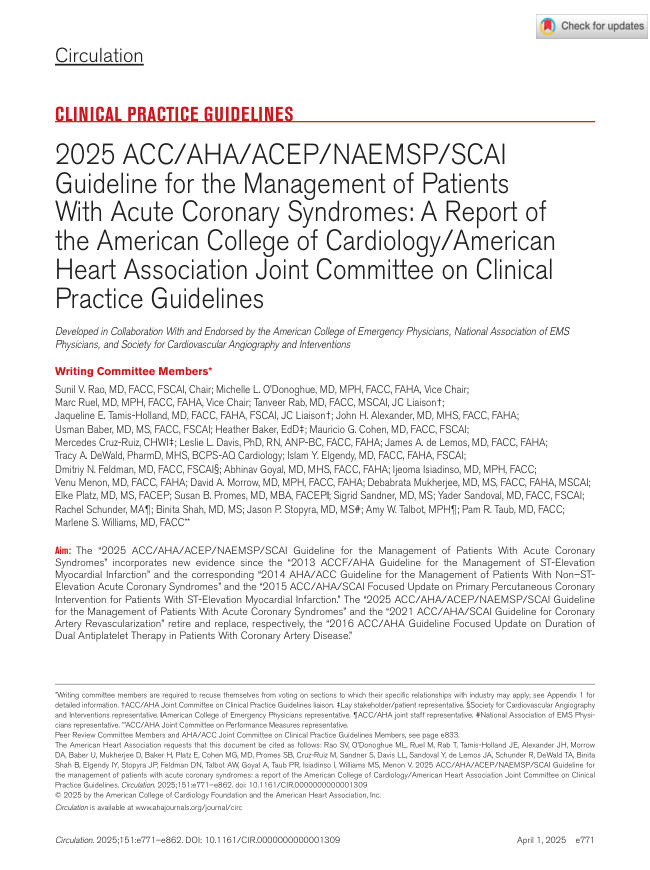 2025 ACC/AHA/ACEP/NAEMSP /SCAI指 南:急性冠脉 综合征患者的管理
