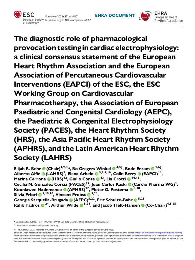 2025 EAPCI/AEPC/ PACES/HRS/APHRS/L AHRS临床共识 声明:药 物激发试 验在心脏 电
