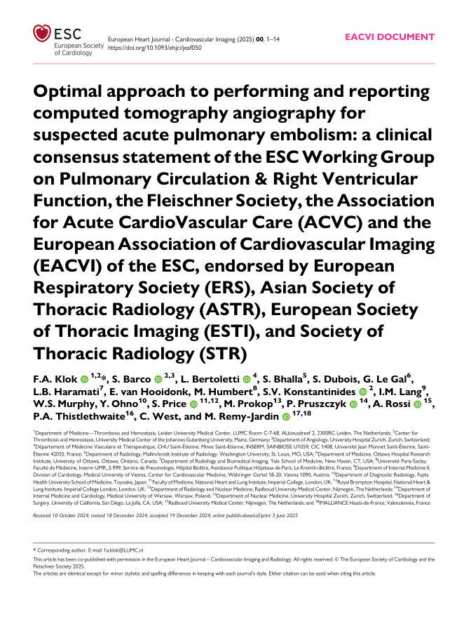 2025 ESC/ACVC/EACV I/ERS/ASTR/ESTI/EST I 临床 共识声明: 执行和报 告疑似急性