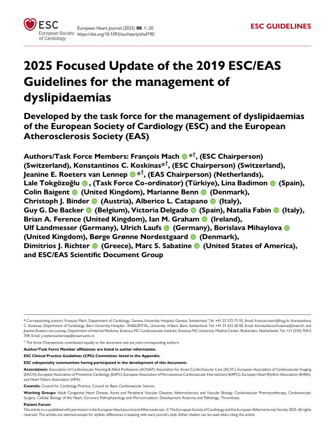 2025+ESC/EAS指南:血脂异常的管理(更新版)