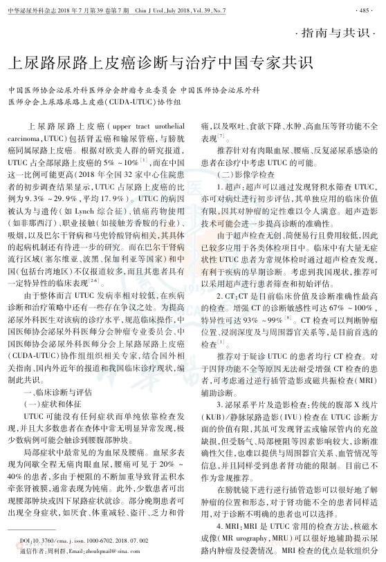 2018年上尿路尿路上皮癌诊断与治疗中国专家共识