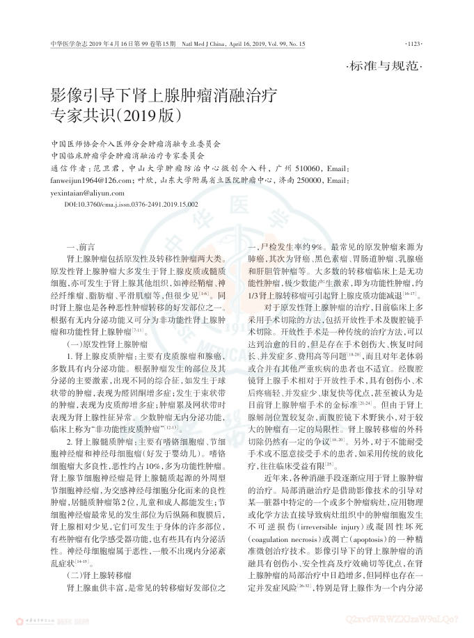 2019年影像引导下肾上腺肿瘤消融治疗专家共识