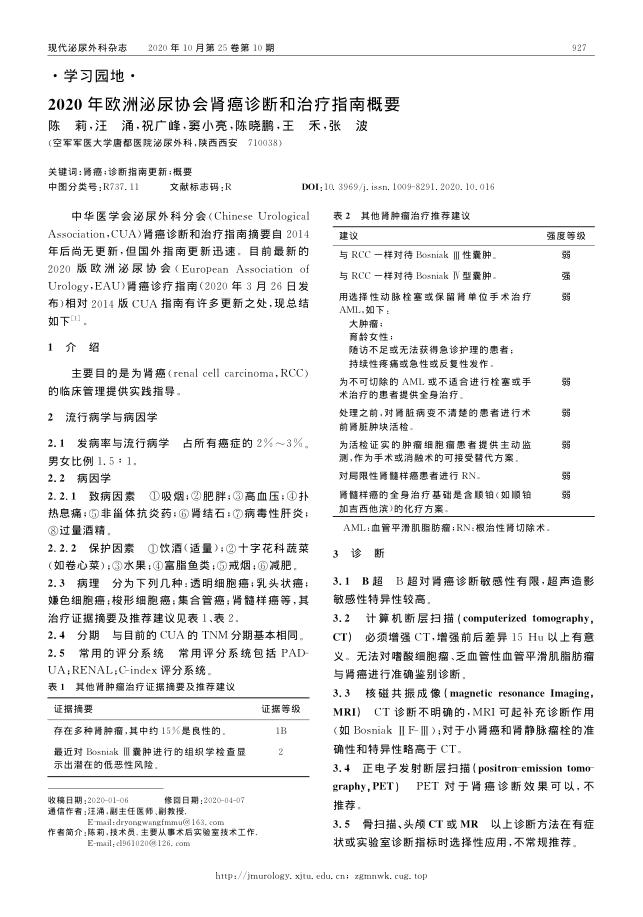 2020年年欧洲泌尿协会肾癌诊断和治疗指南概要
