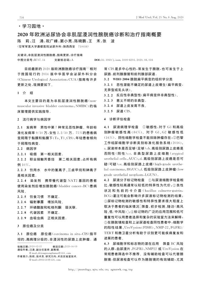 2020年欧洲泌尿协会非肌层浸润性膀胱癌诊断和治疗指南概要