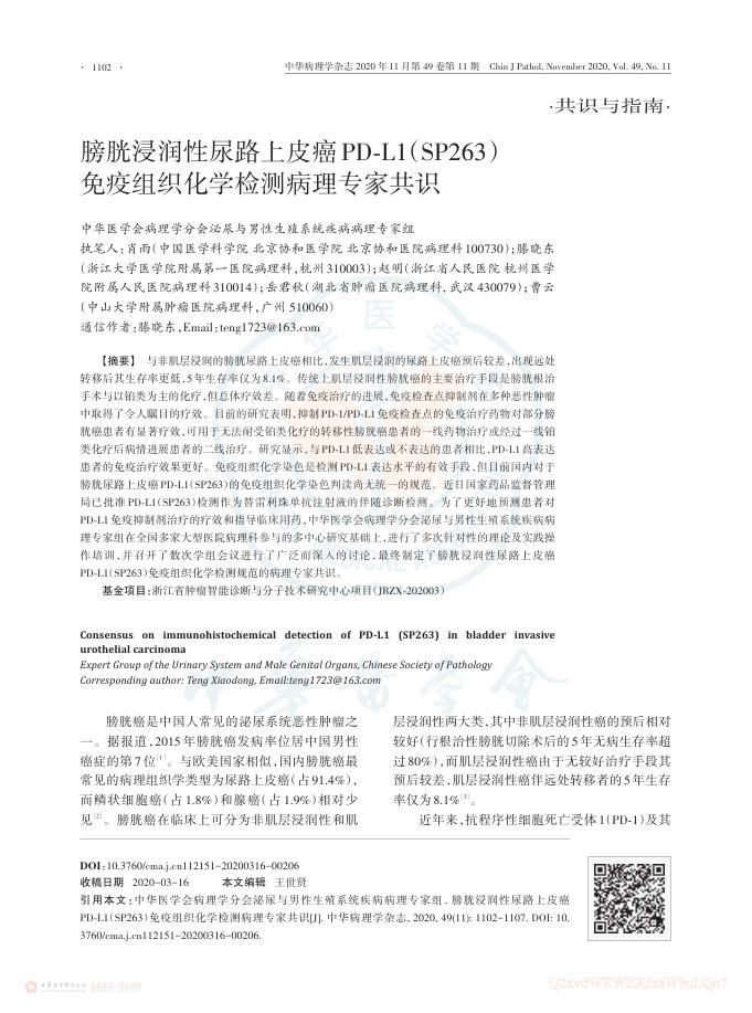2020年膀胱浸润性尿路上皮癌PD-L1(SP263)免疫组织化学检测病理专家共识