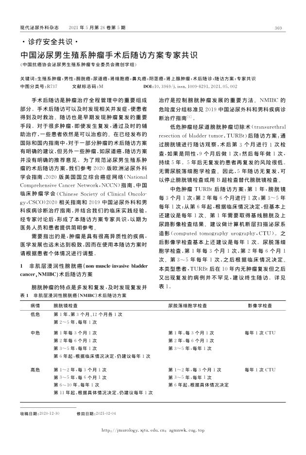 2021年中国泌尿男生殖系肿瘤手术后随访方案专家共识