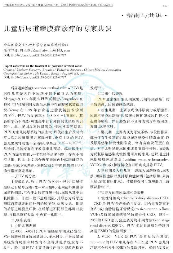 2021年儿童后尿道瓣膜症的专家共识