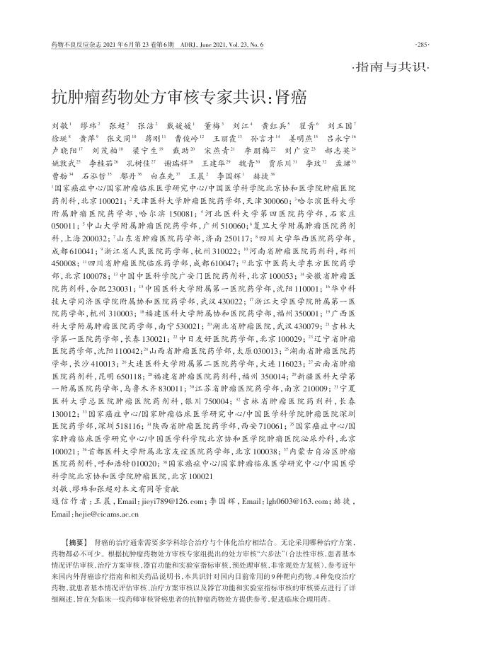 2021年抗肿瘤药物处方审核专家共识 肾癌