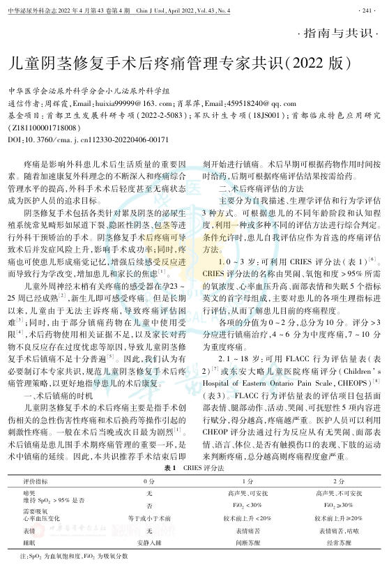 2022年儿童阴茎修复手术后疼痛管理专家共识